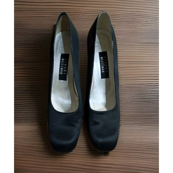 Stuart Weitzman Womens Pumps Size 10B Black Satin Upper Classic Square Toe Heels - Picture 1 of 8